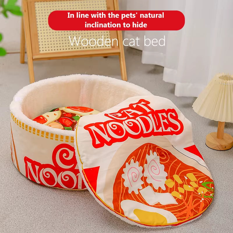 The New Winter Cartoon Ramen Cat Nest Love Warm Cute Semi-Enclosed Cat Bed Can Be Opened and Washed